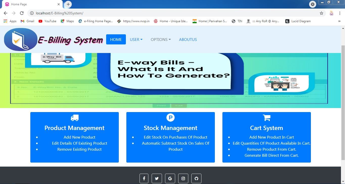 E-Billing System home page showing product, stock, and cart features