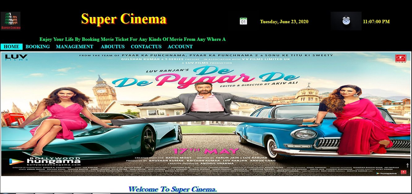 Super Cinema home page for the E-Movie Ticket Booking academic project